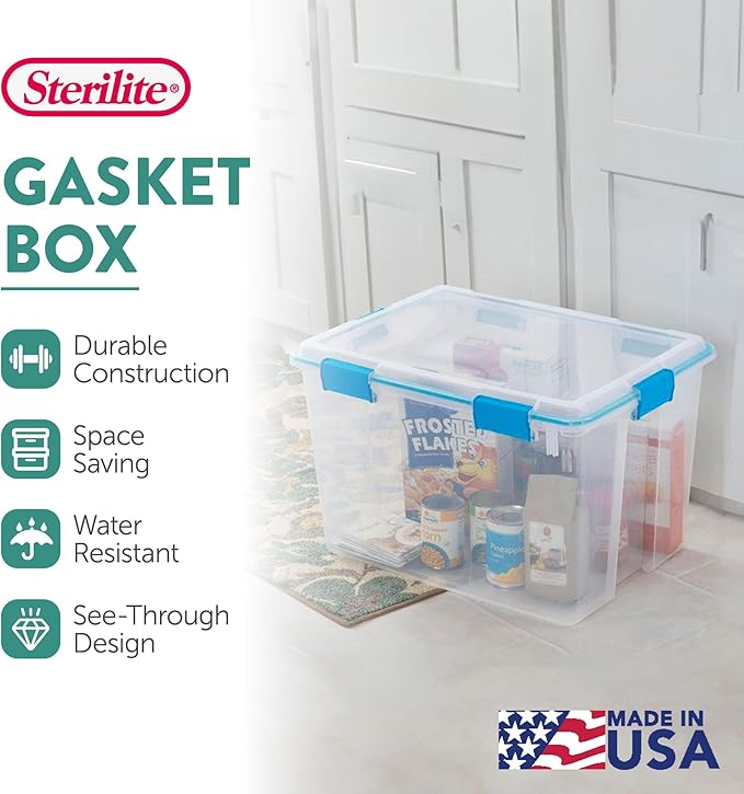 Sterilite Gasket Storage Box with Lids for Home & Office, 80 Quart, 16-Pack | Heavy-Duty, Stackable, and Organizing Containers for Bathroom, Cabinet, Closet, and Garage, Clear and Blue Aquarium Latches