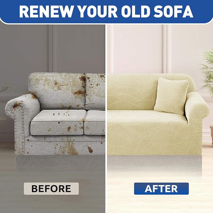 YEMYHOM Couch Cover Latest Jacquard Design High Stretch Sofa Covers for 2 Cushion Couch, Pet Dog Cat Proof Loveseat Slipcover Non Slip Elastic Furniture Protector (Medium, Begonia Leaf Beige)