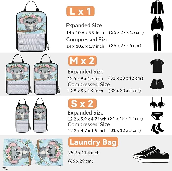 Koala 6 Set Compression Packing Cubes Animal Expandable Packing Organizer for Travel Accessories Luggage Suitcase Bag