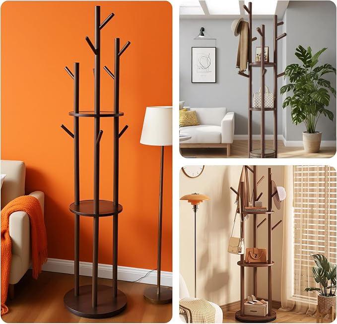 Wooden Freestanding Coat Rack with 9 Hooks&3 Rotating Storage Trays,Free Standing Coat Rack Tree with Rotatable Design,Coat Tree Freestanding for Hanging Clothes,Clothing Rack for Entryway Bedroom