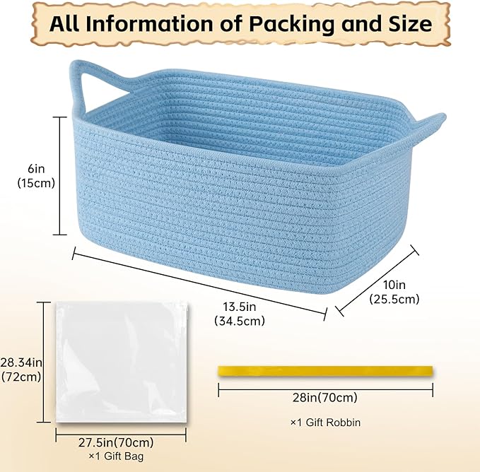 OIAHOMY Woven Basket, Gift Basket Empty with Gift Bags and Ribbons, Rope Baskets for Baby Showers, Storage Baskets with Handles for Nursery, Pet Toy Organizer - Blue