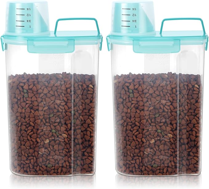 LEAWALK Airtight Small Cat Dog Pet Food Storage Containers BPA Free, with Large Pour Spout/1 Measuring Cup/ 4 Safety Locks and Double-layer Silicone Strip (Clear Blue x 2, 3L-2pack)