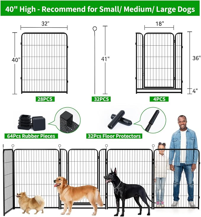 Kfvigoho Dog Playpen Outdoor Extra Wide 32 Panels Heavy Duty Dog Fence 40" | Anti-Rust Coating-Strengthened Dog Fence with Doors Portable for RV Camping Yard, Total 84FT, 561 Sq.ft, Snowy Black