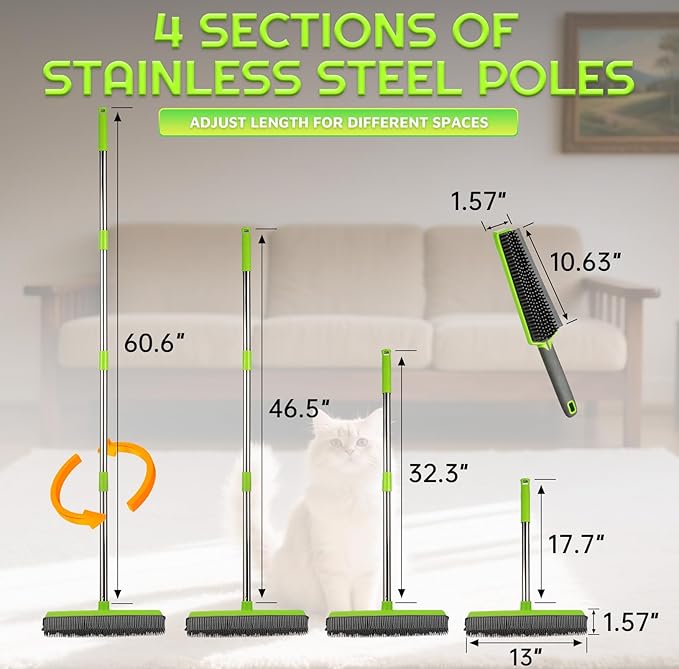 Rubber Broom for Pet Hair —Gets What Your Vacuum Misses,Non-Scratch Carpet Rake 24 "-61 "Adjustable Handle,4-in-1 (Squeegee+Pet Brush+2 Microfiber Cloth),Stairs,Corners, Rugs,Hardwood Green