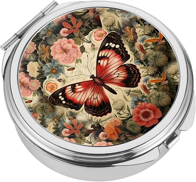 Small Pill Box 3 Detachable Compartments Pill Case with Mirror 2.4inches Pocket Round Medicine Organizer, Mini Portable Pill Organizer for Pocket Purse& Travel Convenience-Butterfly Flower Red