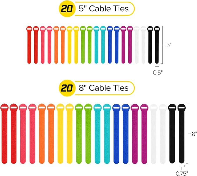 Self-Gripping Cable Ties by Wrap-It Storage - Assorted 40-Pack Multicolor | Reusable Hook and Loop Cord Keeper, Cable Wrappers for Cord Management and Home Office Desk Organization