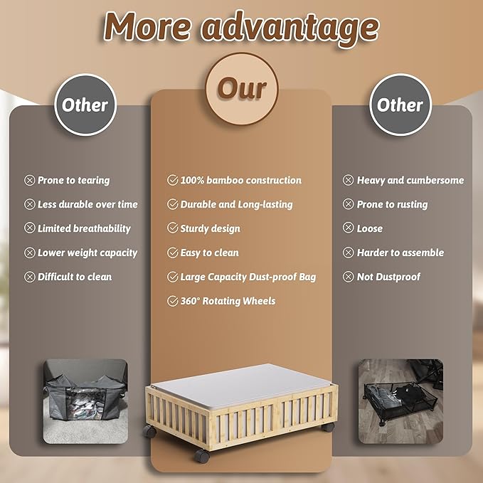 MHXW SXPN 2 Pack Bamboo Under Bed Storage Containers with Wheels, Nature | Underbed Drawer Storage with Bag, Wood Rolling Underbed Organizer for Shoes, Sheets Clothes Blanket Comforter, Under Crib Toy