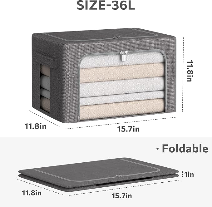 CYhom 3Pack Foldable Storage Bins - Frame Storage Box Linen Fabric Stackable Clothes Container Organizer with Clear Window & Carry Handles Large Capacity (Medium-36L, Dark Gray)