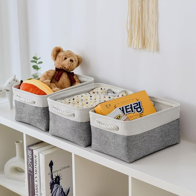 Organization and Storage Basket for Shelves - 1 Pack 14x10x6.7 inch Collapsible Storage Bins, Fabric Storage Cubes for Closet Organizer Toy Gift Cloth (White & Grey)