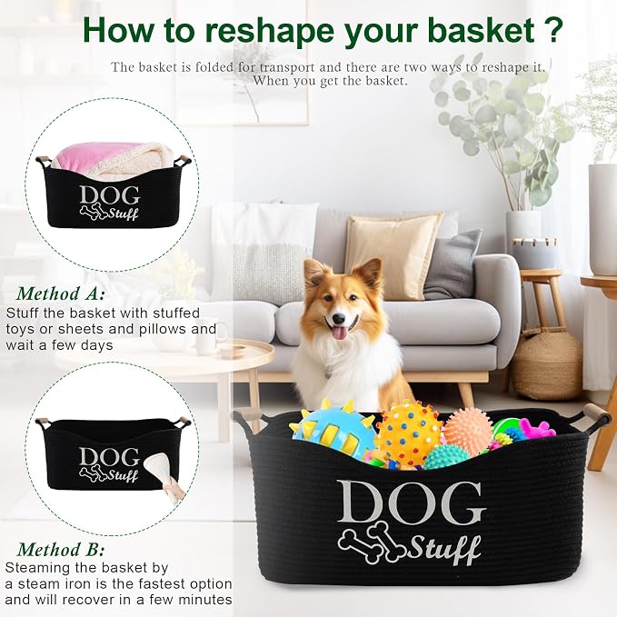 Medium Woven Dog Toy Basket,Dog Stuff Organizer,Collapsible Dog Toy Bin with Wood Handles,Rectangle Puppy Toy Storage Basket,Dog Organizer for Dog Toys,Collar,Leash,Blankets-Black | 100% Cotton Rope Basket with Wood Handles, Dog Organizer for Dog Toys,...