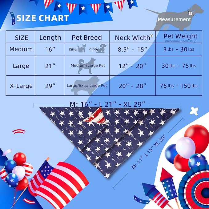 2-in-1 Vintage 4th of July Dog Bandana, Reversible American Flag Print American Flag Triangle Scarf Adjustable Snap Button Patriotic Neckwear for Large Breeds (30-75lbs)