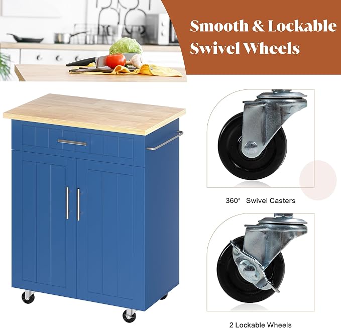 JY QAQA 26" Kitchen Island on Wheels with Storage Cabinet Kitchen Cart Cabinet with Shelves, Cart Handle for Towel Rack or Free Mobility, Portable Islands,Blue