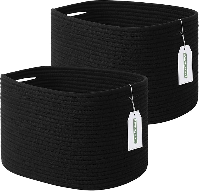 ECDYQXVU 15x10x9 Inch Woven Cotton Rope Storage Basket, Black, 2 Pack | Foldable Design, Built-in Handles, Space-saving Organizer for Living Room, Bedroom, Laundry, Shelves, Clothes, Towels
