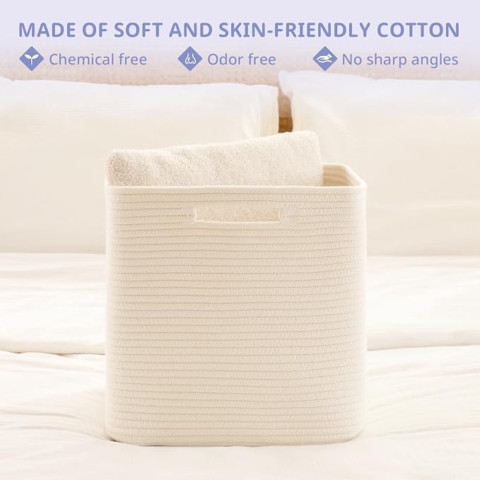 OIAHOMY 2 PACK Cube Storage Bin 13 Inch Collapsible Storage Cube White | Cube Storage Organizer Storage Bins for Shelves Baskets for Organizing Woven Rope Storage Baskets