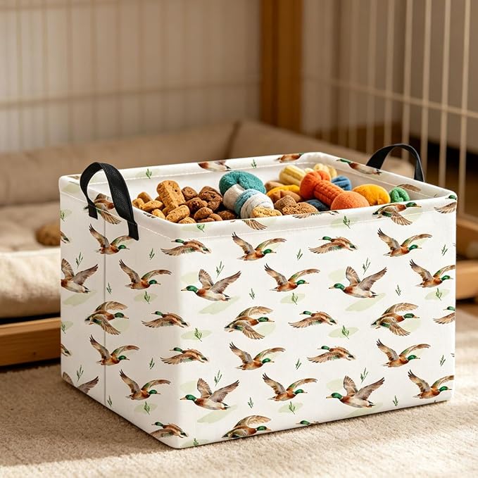 Rectangle Storage Basket with Handles,Collapsible Storage Bin,Books Box,Gift Basket(Flying Mallard)