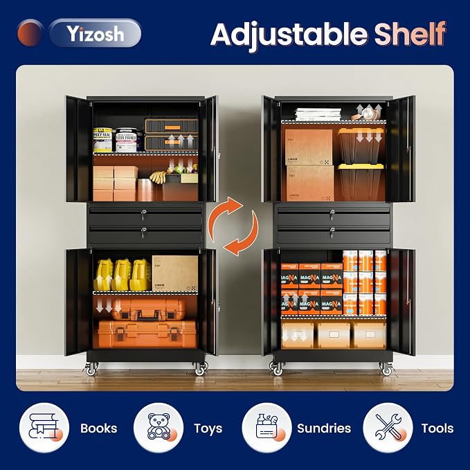 Metal Garage Storage Cabinet with Locking Doors and Adjustable Shelves, 74" Rolling Tool Storage Cabinet with 4 Wheels and 2 Drawer for Garage,Warehouse