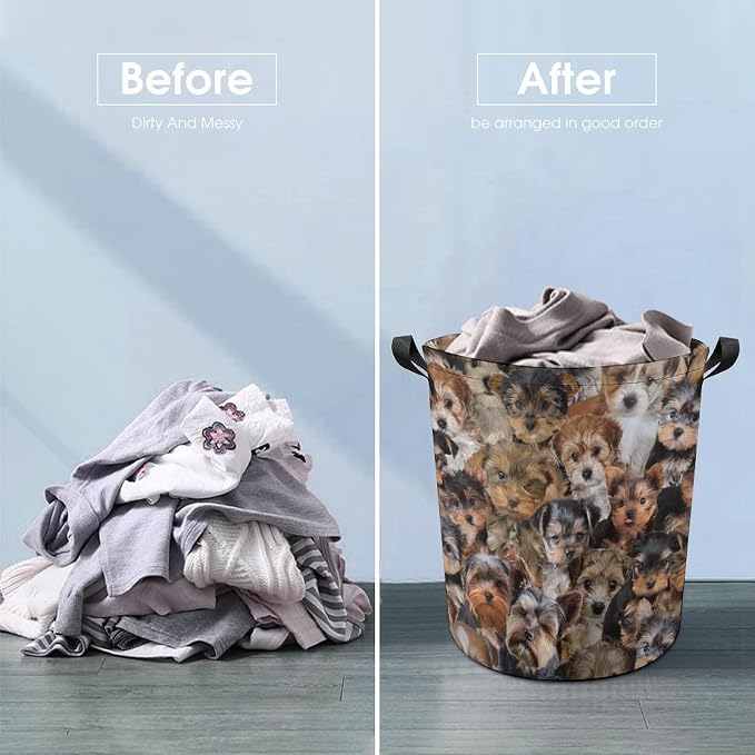 Large Laundry Hamper for Yorkie Lover, Waterproof Laundry Basket with Handle, Cute Pet Yorkie Dog Print Collapsible Clothes Storage Organization for Bathroom Bedroom Laundryroom