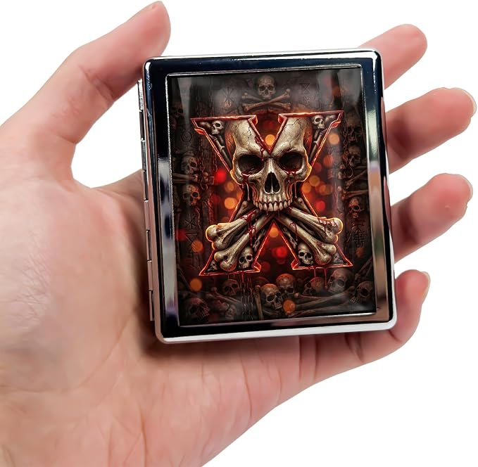 Weekly Pill Organizer, Metal Pill Box with 8 Compartments, Small Travel Pill Case for Purse Pocket, Medicine Vitamin Supplement Organizer (Blood Skull X)