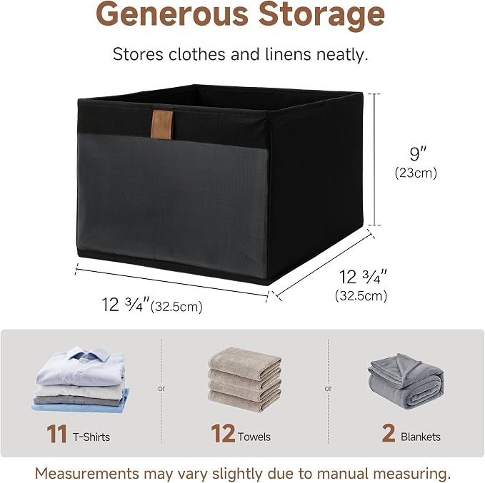 StorageWorks Closet Storage Bins, Collapsible Shelf Baskets, Black, 3-Pack | See-Through Mesh Front, Soft Leather Handles, Flip to Show/Hide, Breathable Fabric, Holds Clothes, Towels, Blankets, Toys