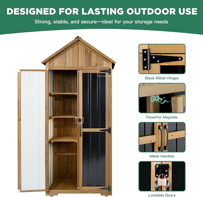 Ketive Outdoor Storage Cabinet, Wood & Metal Storage Shed with Weather-Resistant Roof, Adjustable Shelf, Lockable Doors & Adjustable Feet, for Garden, Patio, Backyard, 27.5" x 13" x 67"