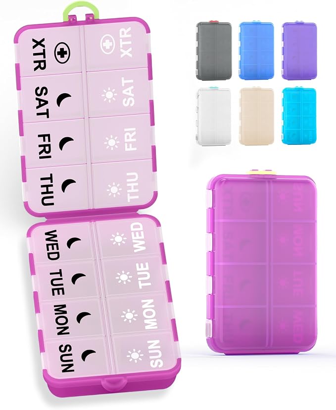 Pill Organizer Travel Medicine Organizer - Weekly Pill Organizer with 2 Extra Compartments, Clear Printed Labels, AM PM Pill Dispenser