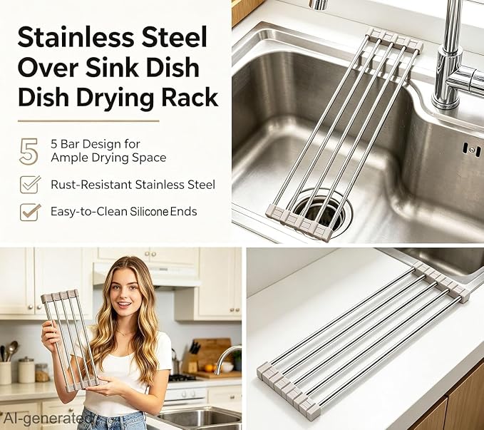 Ahyuan Roll up Dish Drying Rack Over The Sink Kitchen Roll up Sink Drying Rack Portable Dish Drainer Foldable Dish Drying Rack (Warm Gray, 17.8''X3.7'')