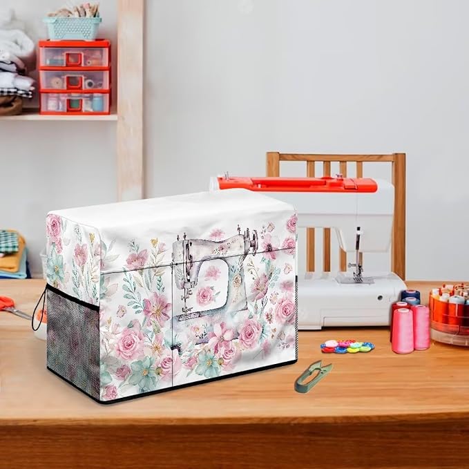 Sewing Flower Sewing Machine Cover with Storage Pockets,Dust & Pet Hair Protection,Fits Standard Singer, Brother and Janome Machines, Protecting & Decorating Your Sewing Space (Pink)