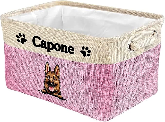 Personalized Fabric Dog Toy Storage Basket with Cute Dog German Shepherd Collapsible Sturdy Fabric Pet Toys Storage Bin Cube with Handles for Organizing, Pink and White