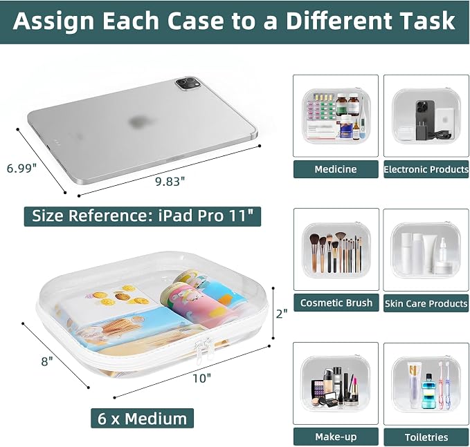 Clear Hard Shell Zipper Cases (6 Packs), Plastic Hard Sided Zippers Pouches Clear Hardshell Pencil Case For Storage, Diaper Bag Organizer Bliss Bins 6*Medium