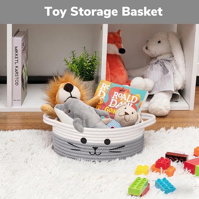 Small Woven Rope Cat Toy Basket with Cat Face Design, White Grey | 9.8" x 4" Cute Cat Basket for Living Room, Decorative Baby Storage Basket, Pet Gift Basket Empty with Sturdy Handles