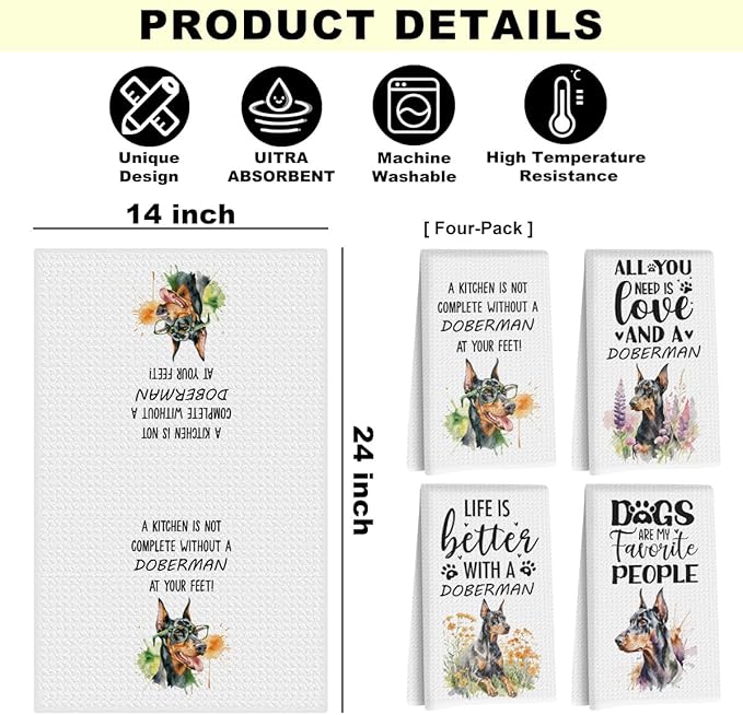 4Pcs Doberman Dog Kitchen Towels 24x14 Inch, Doberman Gifts Reusable Dish Towels for Kitchen Bathroom Decor, Waffle Weave Absorbent Hand Cloth Tea Towel, Cute Dog Gifts for Women Mom Friend