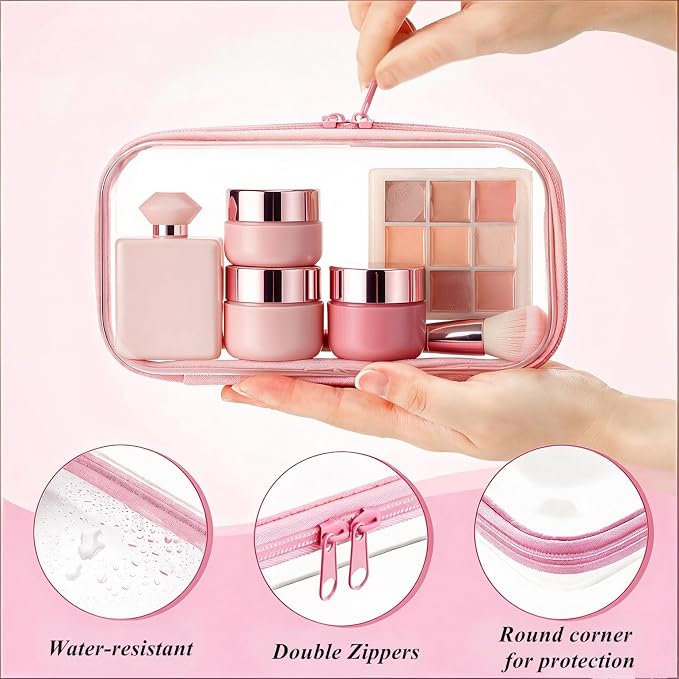 4 pcs Clear Hard Shell Zipper Case, Water-Resistant Travel Makeup Bag, Diaper Bag Organizer Pouches,Clear Toiletry Bags (Pink)