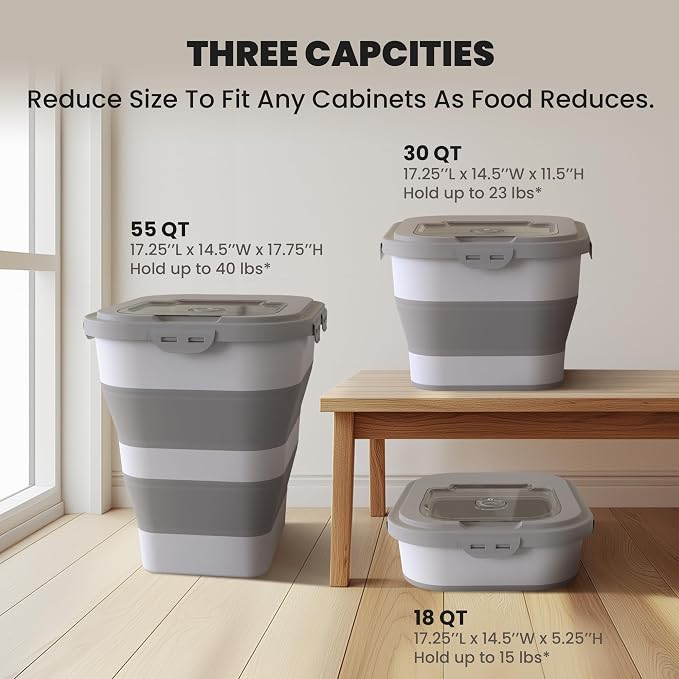 35-40Lbs Airtight Dog Food Storage Container Collapsible Dog Food Container | Large Pet Food Storage Container with Lid, Wheels,Date Track,Keep Fresh for Rice,Flour,Sugar,Scoop,2PCS Container