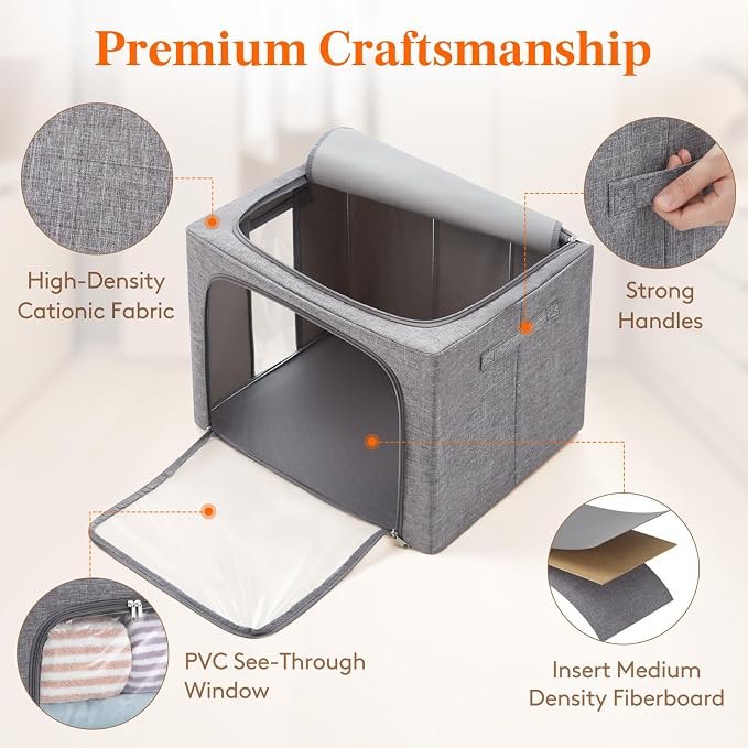 Lifewit Clothes Storage Bins with Metal Frame, Stackable Storage Box, Foldable Clothing Storage Bins with Lids, 75L Storage Bags Fabric Box Organizer with Clear Window＆ Zippers＆ Sturdy Handles 4 Pack