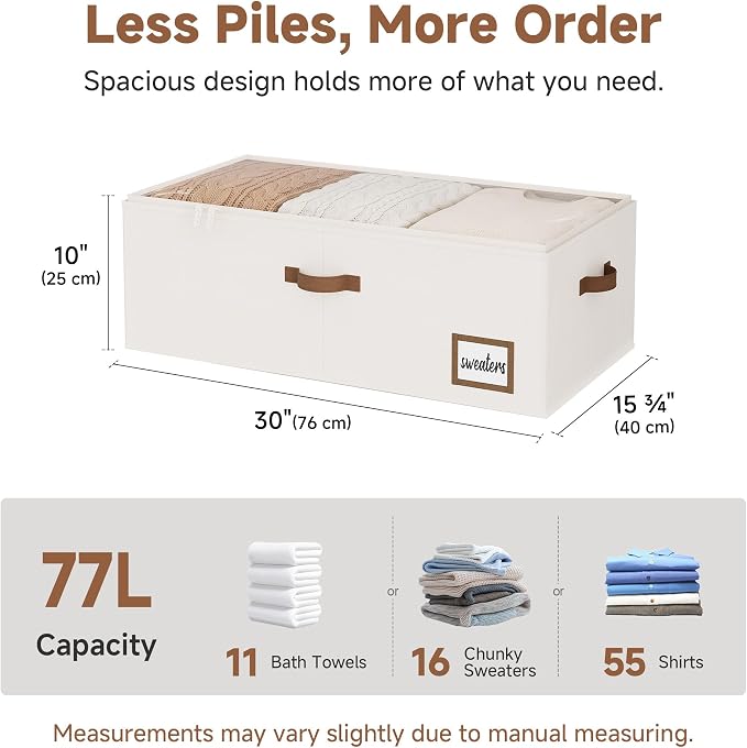 StorageWorks 10 Inch Tall Under Bed Storage Containers with Clear Lid | Reinforced Structure, Resists Sagging, Handles & Label Holder, Foldable Stackable Closet Storage for Clothes, Blankets, Toys