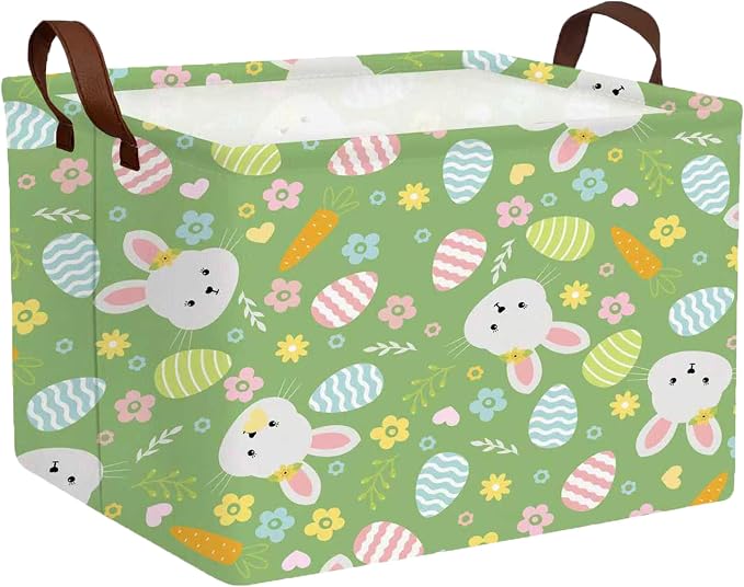 Large Rectangular Easter Baskets Empty Waterproof Boy Toy Box Foldable Kid's Gifts Storage Bin Spring Room Decor(Flower Carrot Rabbit Egg)