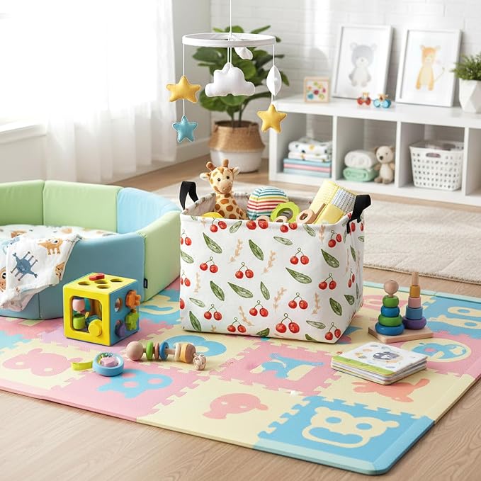 Kid Cute Rectangle Storage Basket Baby Toy Clothes Storage Bin Nursery Playroom Bedroom Decor Basket (Painted Cherry)