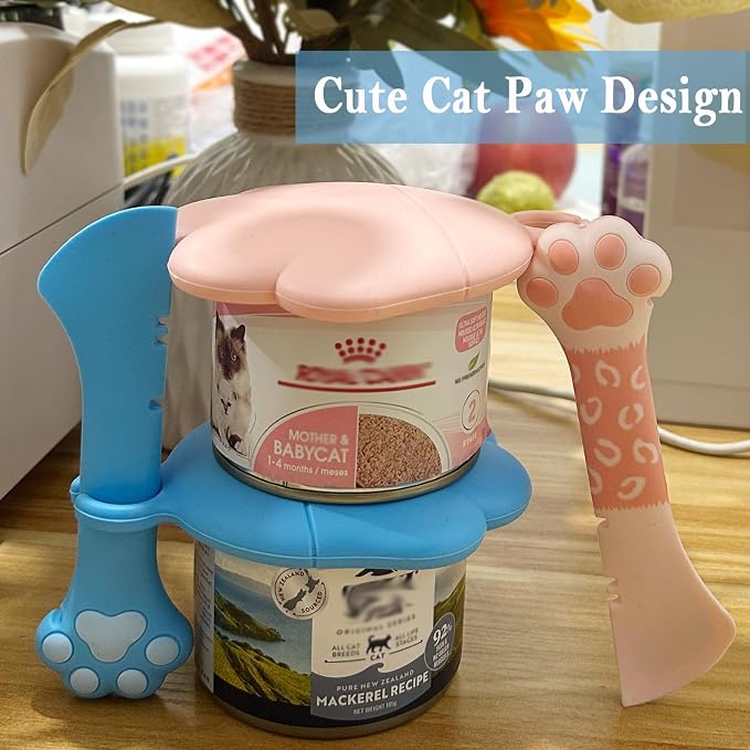 SIANE Cat Food Can Spoons & Can Lids | 4 Pcs | Colorful Multi-Function Opener | Universal Soft Silicone Pet Food Covers | Wet Food Spatula for Kittens and Dogs(Pink+Blue)