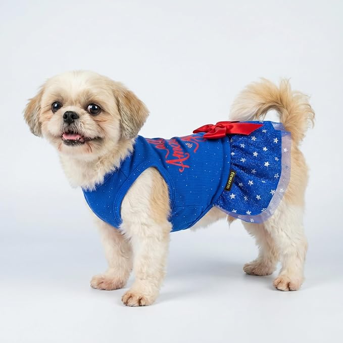 Fitwarm All American Girl Dog Dress, 4th of July Dog Clothes for Small Dogs Girl, Patriotic Dog Tulle Dress, Pet Outfit, Royal Blue, Red, White, XS