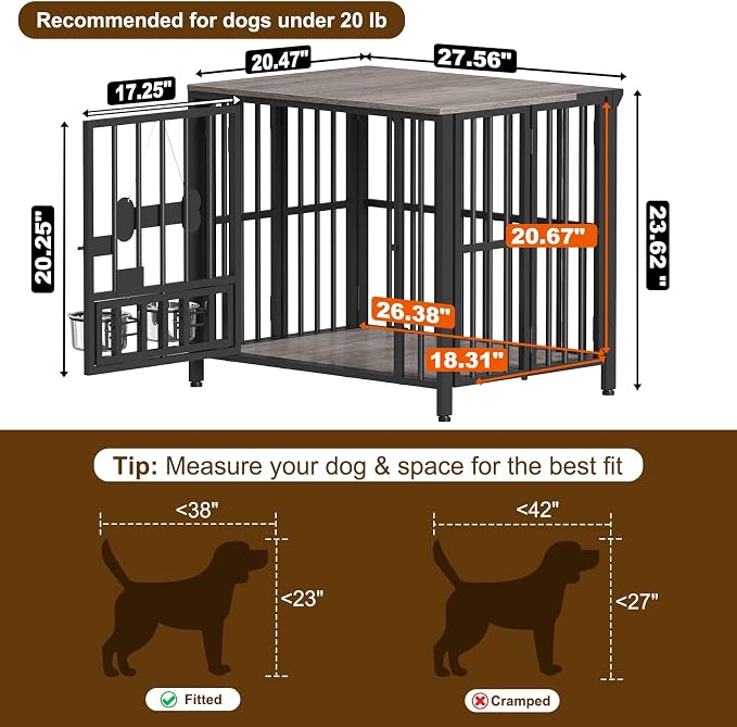 Easycom 27" Foldable Dog Crate Furniture, No Assembly, Oak Grey | Decorative Wooden Dog Kennel Indoor with Adjustable Bowls and Name Tag, Small Dogs (Under 20 lbs), End Table