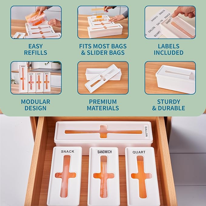 Storage Bag Organizer for Kitchen- Baggie Drawer Organizer & Plastic Food Storage Bags Holder- Compatible with Gallon, Quart, Sandwich, Snack Bags, Freezer, Slider Bags-4 Separate Pieces White