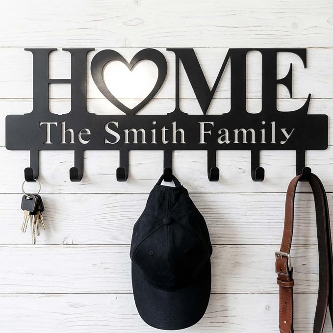 Jceydefy Personalized Key Holder for Wall, Custom Metal Key Hooks with Family Name, Entryway Coat Hook Rack, Leash Collar Hook, Pet Dog Leash Holder, Hooks Organizer