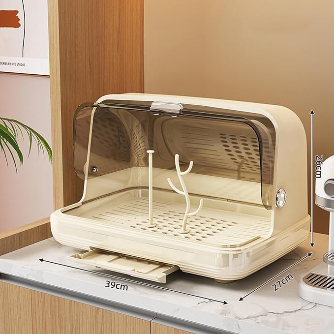 Rack Rack with Cover Organizer Storage Box Dish Drainer Portable Cabinet Organizer PET Material Easy to Clean for Home, Light Khaki Large