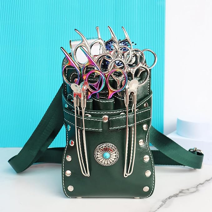 Hairstylist Waist Bag, 7-Slot PU Leather Barber Scissors Tool Bag Shear Holder, Detachable Hair Cutting Organizer for Combs, Clippers, and Spray Bottles (Dark green)