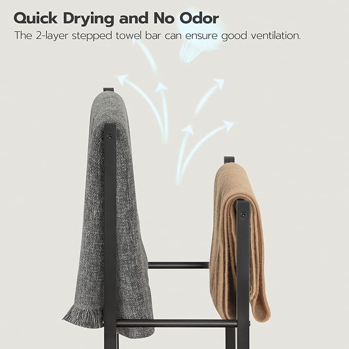 HOOBRO Free Standing Towel Rack, 3 Tier Blanket Rack, Blanket Holder for Bathroom, 23.6" L x 11" W x 31.9" H, Industrial Metal Drying and Display Rack with Shelf, Rustic Brown and Black BF06LB01