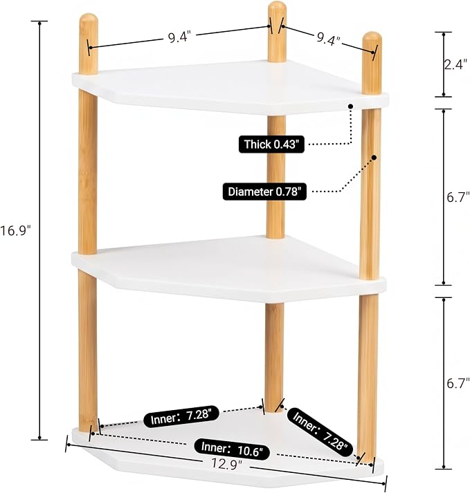 3-Tier Bamboo Corner Shelf,Kitchen Countertop Organizer,Corner Countertop Organizer Shelf, Coffee Bar Organizer,Coffee Bar Accessories,for Kitchen, Pantry, Organizers and Storage,White