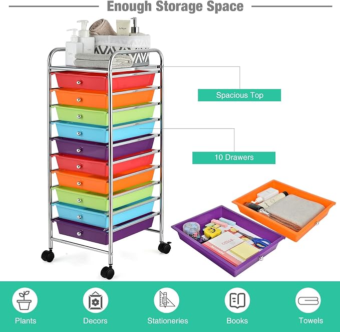 10 Drawer Rolling Storage Cart, Organization Cart with Drawers for Craft Makeup Paper Tool Art Supply, Versatile Utility Cart on Wheels for Home Office Classroom School (Multicolor)