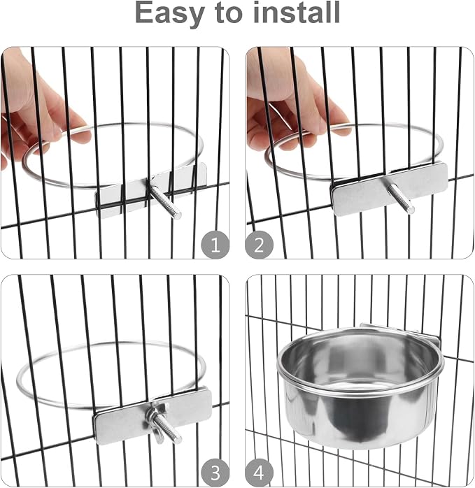 Wontee Pet Food Water Bowl Stainless Steel Feeding Cups Feeder, M | Rust-proof, securely mounted to prevent tipping, removable for easy refilling and cleaning, for dogs/cats/birds/rabbits