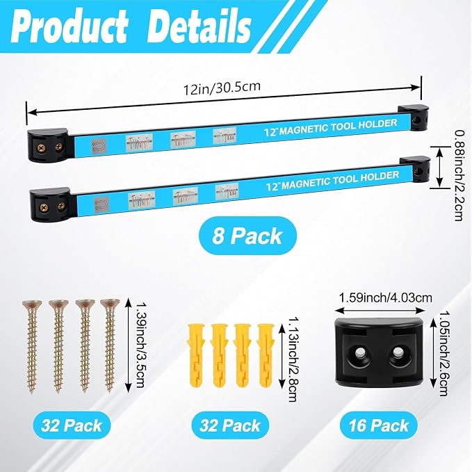 8 PCS Magnetic Tool Holder Strip,Tool Magnet Bar for Garage Organization, Heavy Duty Space Saving Tool Organizer with Mounting Screws for Garage, Workshop, Kitchen (12 inch)
