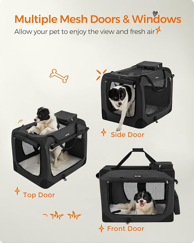 Feandrea Collapsible Soft Dog Crate, Portable Travel, 32 Inches | Dog Carrier Kennel with Safety Zippers for Living Room, Car, Travelling, Black UPDC80H